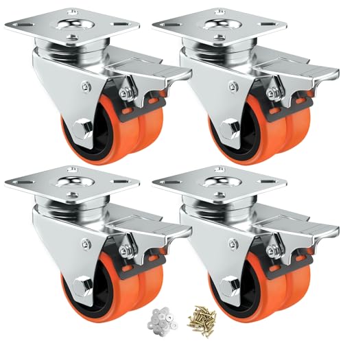 ASHGOOB Caster Wheels, 2inch Casters Set of 4 Heavy Duty, Two-Wheeled Orange TPE Casters with Brake, Double-Wheeled Swivel Plate Locking Castor Wheels Widely Used in All Kinds of Furniture.(4 Pack)