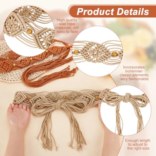 AHANDMAKER 2 Pcs Boho Braid Belts for Women Rope Braided Belts Fringe Belt Bohemian Woven Waist Belts for Dress, Khaki and Brown3