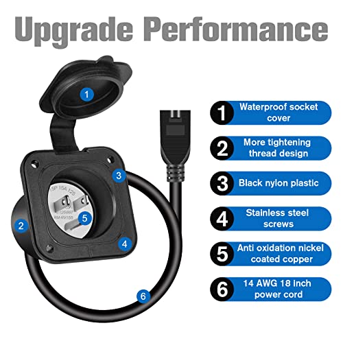 BEBOBLY 15 Amp AC Port Plug, 125V Power Inlet Socket with Waterproof Cover & Integrated 18\" Extension Cord, 2 Pole 3-Wire NEMA 5-15 Flanged Generator Inlet Plug for RV Boat Electrical Connections - Thumbnail 5