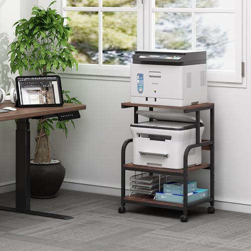 Printer Table Stand with Height Adjustable Shelf, Rolling Printer Cart with Wheels for Home Office Storage and Organization, Industrial Style