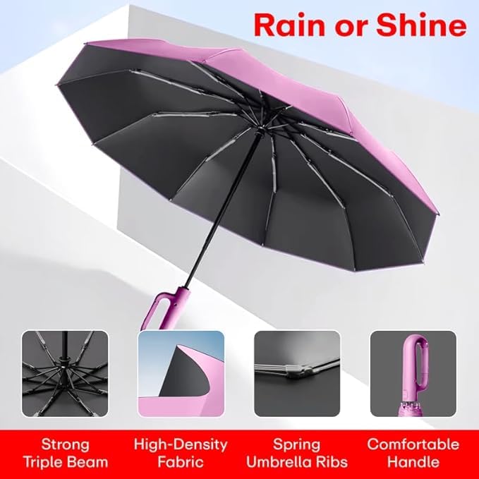 Image of Umbrella for Men Women || Folding Umbrella With Carabiner Handle || 10 Reinforced Ribles || Windproof and Sunproof || Auto Umbrella Big Size for Men /Women /Kids