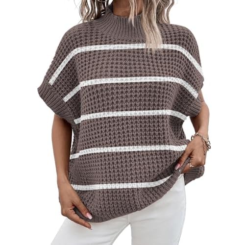 Pink Queen Women's Mock Neck Batwing Short Sleeve Loose Oversized Knit Pullover Sweater Jumper Tops Gray Stripe Small