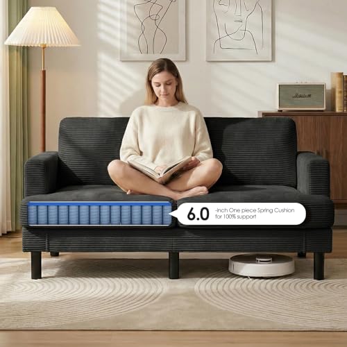 Image of 70 inch Loveseat Sofa, 2-Seater Bedroom Couches with USB & Type-C, Black | Upgrade Upholstered Deep Seat Love Seat Sleeper Sofa, Corduroy Small Couch for Bedroom, Apartment, Office
