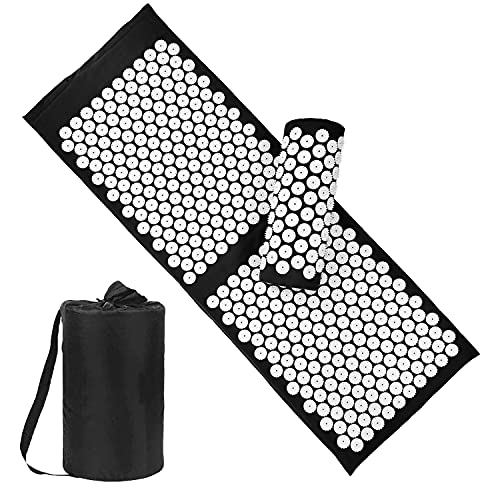 Yoga Acupressure Mat and Pillow Set with Bag - Extra Long 120X43cm Massage Acupuncture Mat - Naturally Relax Back, Neck and Feet Muscles - Stress and Pain Relief (Black)