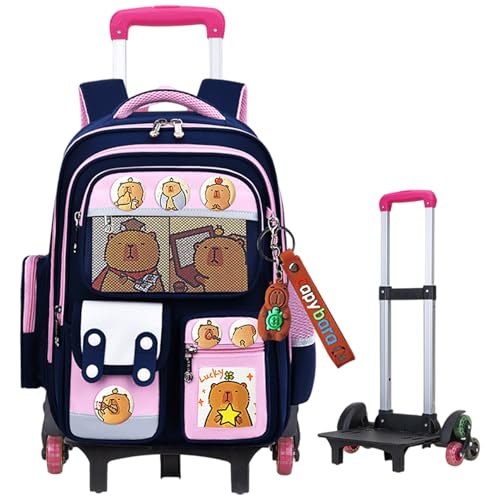 Mochila con ruedas de 6 ruedas mochila de carpincho de gran capacidad con múltiples compartimentos linda escolar de dibujos animados correa reflectante asa retráctil desmontable