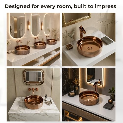 Image of Plantex Ceramic Round Wash Basin /Designer Table Top Washbasin /Countertop Wash Basin for bathroom /Home /Office (Rose Gold-14x14x5 Inch)