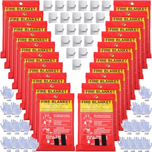 Image of Macarrie 20 Pack Emergency Fire Blanket Bulk with Hooks and Gloves 40''x 40'' Commercial Fire Suppression Fiberglass Safety Fireproof Blanket Survival for Restaurant School Kitchen Donation Supply
