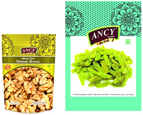 Image of Ancy Indian Green Raisins (kishmish) Long Size and Sweet 1 kg & 100% Kashmiri Walnuts Without Shell (Giri)- Akhrot Dry Fruit 250g
