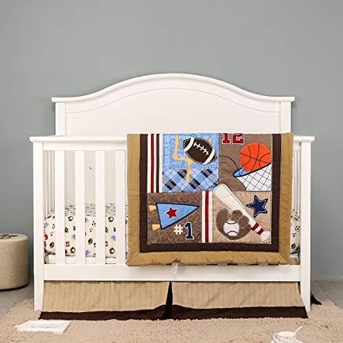 3 PCs Sports Themed Nursery Crib Bedding Set Brown Basketball Ruby Baby Boy Bedding Set Comforter Fitted Sheet Skirt