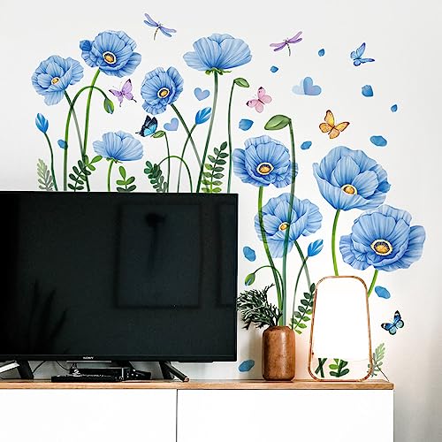 Timelesslong Blue Lotus Flowers Wall Stickers for Living Room Bedroom Vinyl Butterfly Wall Decals Removable Floral Wall Murals Peel and Stick Flower Wall Art Decor Wallpaper for Adult Room Office - Image 3
