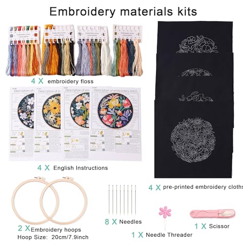 Image of Harimau Adult Beginner Embroidery Starter Kit, Complete Set with 4 Patterns, 2 Hoops, Needles, Scissors, Instruction Guide & Stitching Video Tutorials
