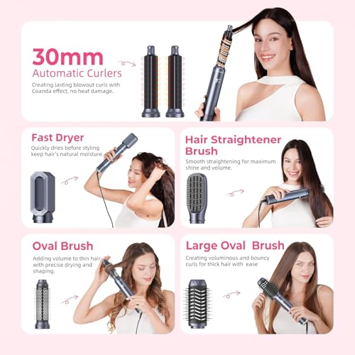 Image of Atopskins 6 in 1 Hair Dryer Brush Set, 1000W Hot Air Styler with 2 Auto-Wrap Curlers, Negative Ion Blowout Brush for Drying, Straightening & Volumizing, Anti-Frizz Multi Styler, Blue