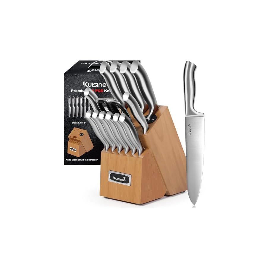 Kuisine-Premium-Knife-SetSharp-Blade-Ergonomic-Non-slip-HandleKitchen-Block-Knife-Set-Chef-Knife-Block-Set-with-Built-in-SharpenerAcacia-15PCS Kuisine Premium Knife Set,Sharp Blade Ergonomic Non-slip Handle,Kitchen Block Knife Set Chef Knife Block Set with Built-in Sharpener(Acacia, 15PCS)