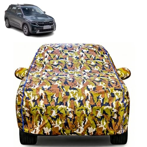 Image of Waterproof Car Body Cover for Kia Seltos with Mirror Pocket| Cotton Inner Lining | Triple Stitched | All Weather Protection | Dust, UV & Rain Proof (Camouflage with Blue Piping)