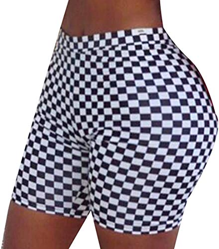 WSPLYSPJY High Waist Biker Yoga Shorts for Women's Checkered Shorts Athletic Shorts M