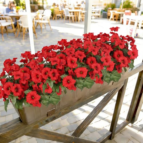Image of Artificial Flowers for Outdoors, Faux Petunias Spring Summer Decoration, Fake Flowers Plants UV Resistant Look Real Silk Flowers for Outside Planter Front Door Porch Patio Yard (12, Red)