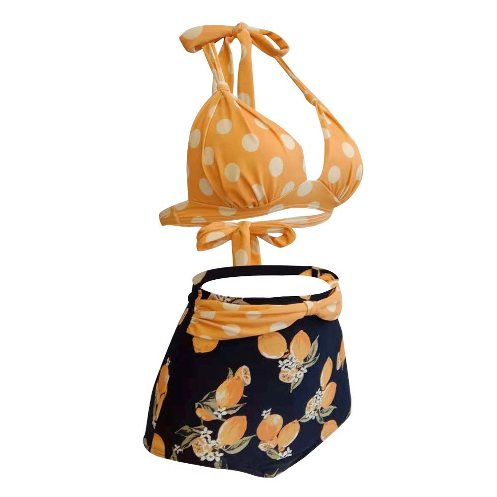 Donna Classico Bikini Costumi da Bagno Due Pezzi, Costume da bagno donna 2 pezzi Costumi da bagno Backless Halter Dot Top a vita alta Tropical Lemon Bottoms Strappy Estate Costume da bagno Surf Costum