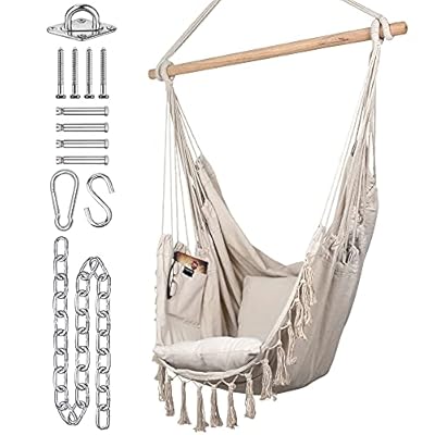KOMOREBI Hammock Chair - Ivory - 60" x 47" - Hanging Rope Swing for Indoor & Outdoor - Soft & Durable Cotton Canvas - 2 Cushions Included - Large Macrame Hanging Chair for Bedroom, Patio, Porch