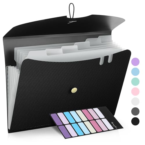 Sooez 7 Pocket Expanding File Folder, Premium Accordion File Organizer, Letter Size Folders for Documents, Sleek Filing Folders with Bungee Closure, Portable Folders for School Office Supplies, Black