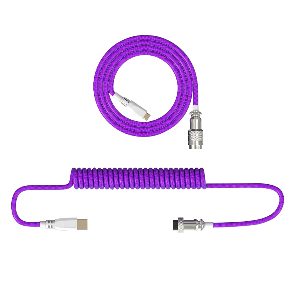 7KEYS Coiled USB C Keyboard Cable with Aviator Connector Cord, Professional Custom 5-pin TPE Metal Detachable Double-Sleeved Cable with Type-C USB port for Mechanical Gaming Keyboard (Purple)