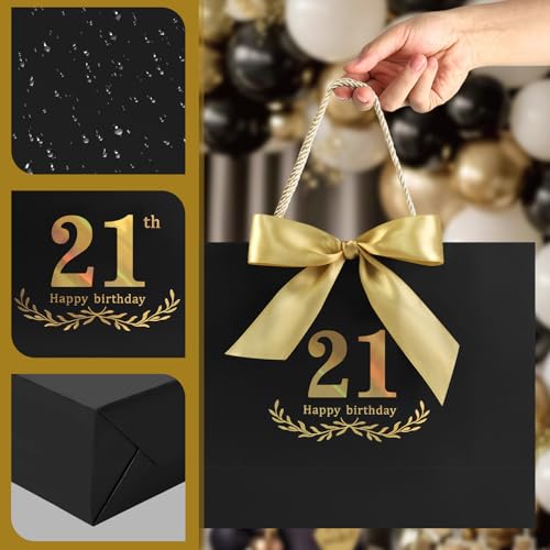 Image of JMANNI Black Gold 21st Birthday Gift Bag with Card and Tissue Paper, 12.6 inchx9.84 inchx3.9 inch Elegant Present Bag for Adults, 21 Year Old Birthday Keepsake Party Supplies