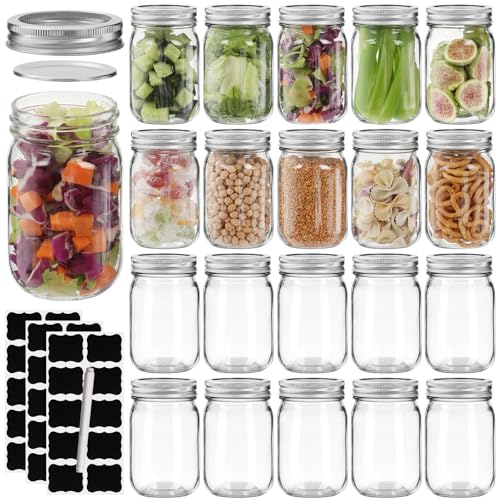 12 oz Mason Jars with Lids 20 Pack - Regular Mouth Canning Jars, Clear Glass Jar for Spices, Dry Goods, Meal Prep, Crafts & Pantry Storage- Includes 30 Stickers & 1 Chalk Pen