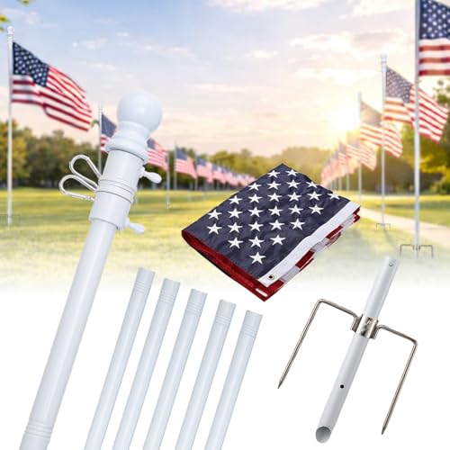 LAKEROD Flag Pole for Outside House in Ground with 3x5 American Flag, Stainless Steel Yard Flagpole Kit, Anti-Tip 3-Prong Stake Stand,Adjustable 9.5 FT,360°Tangle Free Rings-White