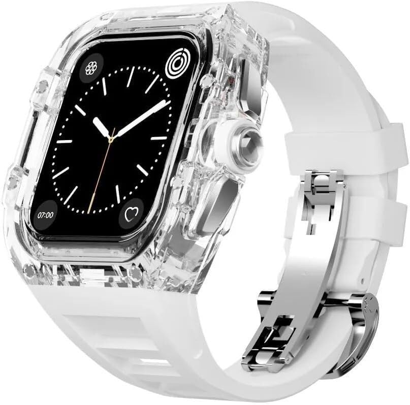 Przezroczysta obudowa do zegarka pasek fluorowy, do Apple Watch Series 8 7 6 5 4 SE 44 mm 45 mm, przezroczysta obudowa zegarka sportowe oddychające paski zapięcie akcesoria zamienne