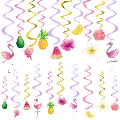 WERNNSAI 20PCS Flamingo Hanging Swirl Decorations Tropical Hawaiian Luau Party Ceiling Streamers Pink Ceiling Hanging Swirl Pool Beach Supplies for Girls Birthday Baby Shower Party Decorations