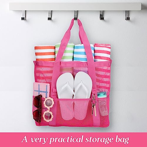 Image of Hillban Large Beach Mesh Bags Bulk for Women Beach Tote Bag with 8 Pocket Zipper Waterproof Sandproof for Pool Cruise Ship