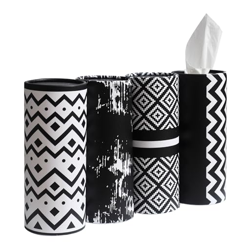Winoo Design Small Car Tissues Holder - 4PK Modern Black Plastic & Resin Facial Tissues Cylinder - Fits Most Car Cup Holders - Travel Tissue Tubes Box Container