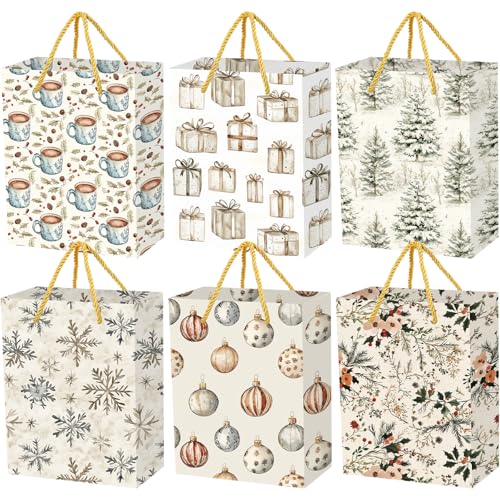 Hillban 12 Pcs Boho Christmas Medium Gift Bags with Ribbon Handles Christmas Holiday Goody Treat Bags Bulk with Xmas Prints for Xmas New Year Winter Party, 9 x 7 x 4 in