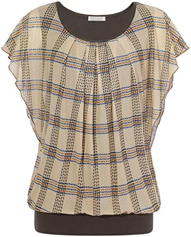 BAISHENGGT Women's Summer Floral Flutter Short Sleeve Mesh Blouses T-Shirts XX-Large Apricot Plaid