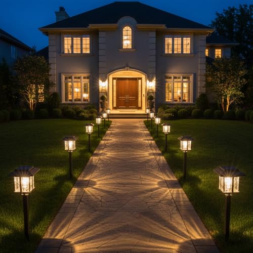 XMCOSY+ Solar Pathway Lights Outdoor, 2-Tone LED Waterproof Garden Outdoor Lighting for Yard Stainless Steel & Glass Solar Powered Landscape Walkway Driveway Decor (4 Pack, Warm White)
