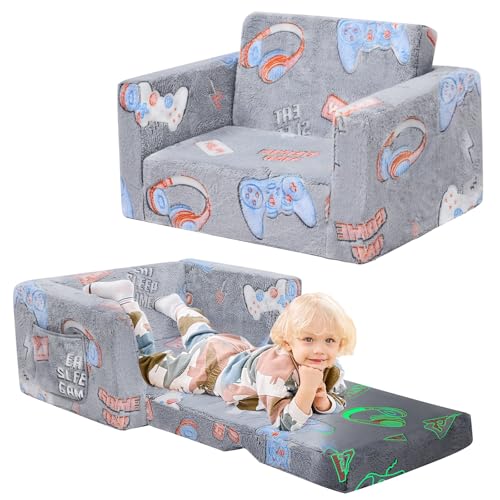 ILPEOD Toddler Chair Comfy, Game Kids Couch, 2-in-1 Soft Toddler Couch Fold Out, Convertible Sofa to Lounger