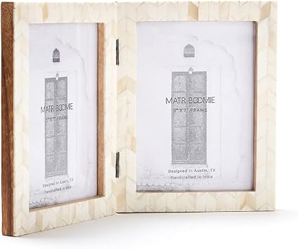 Matr Boomie Hand Carved Bone, Mosaic Tile, Double Photo Hinged Picture Frame Ethically Sourced Ivory Color Bone, 5x7, Wall, Tabletop, Wedding, Bridal Gift