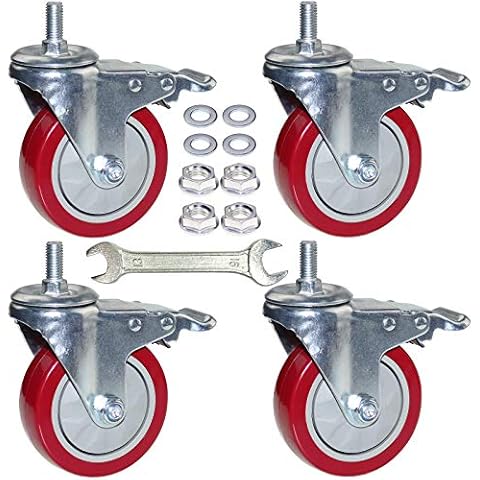DICASAL 4 Inch Heavy Duty Stem Casters 360 Degree Swivel Thread Wheels with Metric Size M12-1.75 Screw Bolt Double Locking Brake Castor Wheel Load Capacity Upto 900 Lbs Pack of Four Cover
