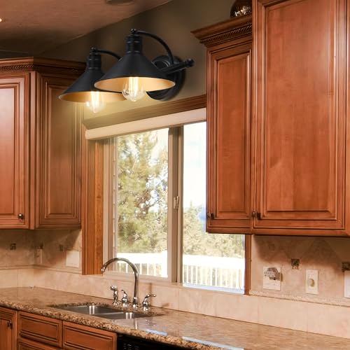 Image of 2 Light Bathroom Vanity Light Over Mirror - Black and Gold Farmhouse Wall Light for Bathroom Vanity Powder Room, Rustic Gooseneck Barn Style 2 Bulb Wall Sconce Over Kitchen Sink