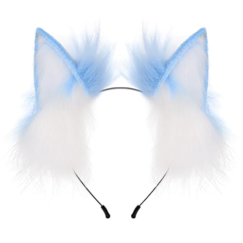 QinRuan Fox Cat Long Fur Ears Hair Headwear Wolf Animal Anime Halloween Cosplay Costume - 3-bluew