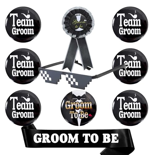 FSADASY 10 decorazioni per feste di addio al nubilato: spille, spille per sposo, nastro premio per testimone dello sposo, spilla a bottone per decorazioni per feste di nozze