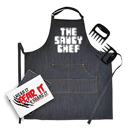 Bang Tidy Clothing Denim BBQ Apron & Meat Shredding Claws Accessories Gift Set Saucy Chef