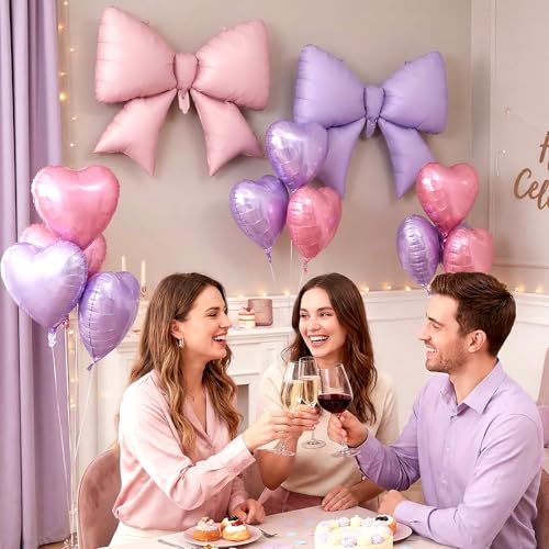 Image of 12 Pcs 18 Inch Heart Balloons and 38 Inch Bow Balloons, Large Foil Bow Heart Balloon Bow Party Decorations for Birthday Baby Shower Valentines Wedding Party