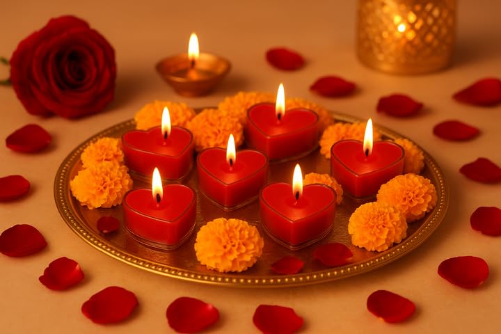 Image of eCraftIndia Set of 20 Romantic Heart Shaped Rose Scented Tea Light Candles for Anniversary, Valentine's Day, Wedding, Birthday, Christmas Decorations