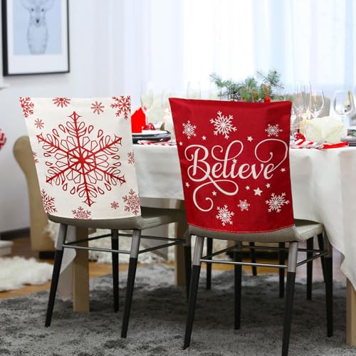 Whaline W10592 6Pcs Christmas Chair Covers Classic Red Chair Back Covers Winter Xmas Tree Snowflake Elk Dining Room Seat Covers Washable Chair Slipcovers thumb #4