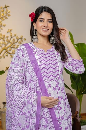 Image of MIRCHI FASHION Women's Straight Fit Pure Cotton Sequins Thread Work Leaf Printed Kurta Set with Dupatta and Trouser
