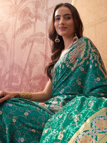 Image of Satrani Women's Crepe Foil Printed Weaving Banarasi Saree with Unstitched Blouse Piece
