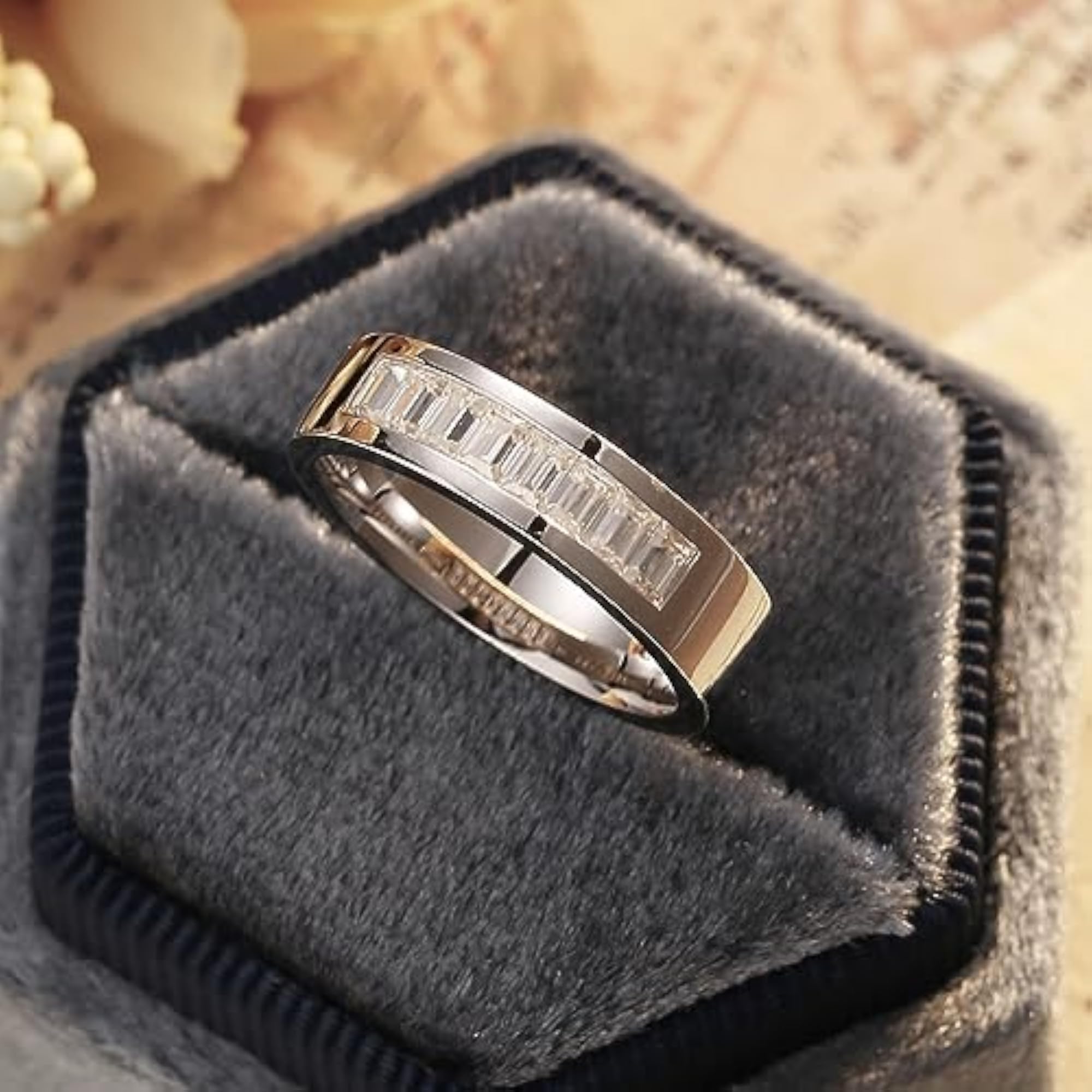Solid Silver Wide Band VVS Moissanite Baguette Ring
