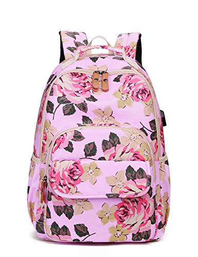 Image of Leaper Floral Backpack bag Daypack USB Charging Port Pink