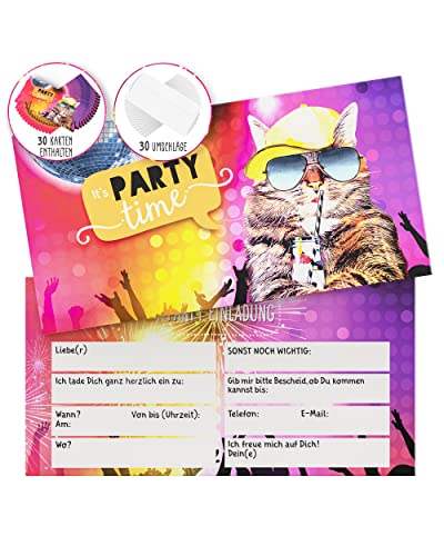 Weidebach Birthday Invitation Cards (30 Cards + 30 Envelopes) Birthday Invitation for Boys Girls Adults to fill in Funny Party Cat Invitation Card for Boys & Girls
