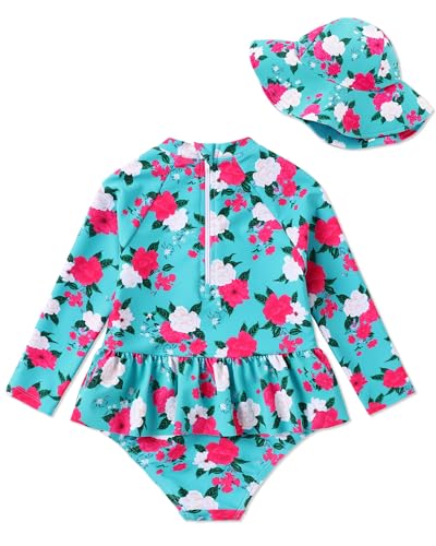 Image of Redair Toddler Girls One Piece Swimsuit Long Sleeve Bathing Suit with Hat UPF 50+ Sun Protection 1-5T
